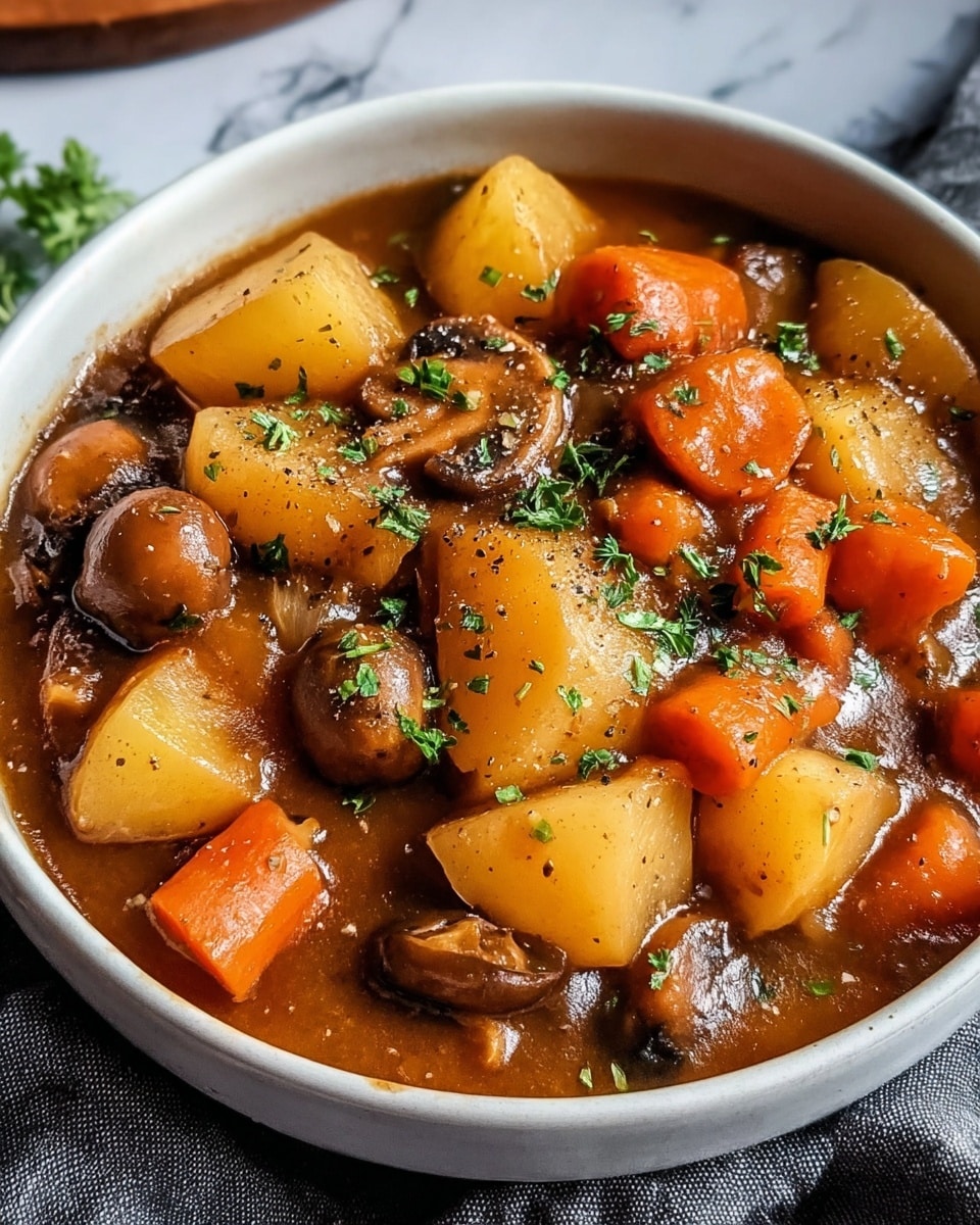 The image shows a white bowl filled with a thick stew containing multiple layers of ingredients. The bottom layer has a rich, brown broth with bits of herbs floating. On top are chunks of orange carrot, golden yellow slices of potato, and pieces of dark brown meat evenly spread through the stew. The texture of the meat looks tender and slightly rough, while the potatoes are smooth and soft. A wooden spoon rests inside the bowl, and there are slices of light brown bread on a white marbled surface nearby. Photo taken with an iphone --ar 4:5 --v 7