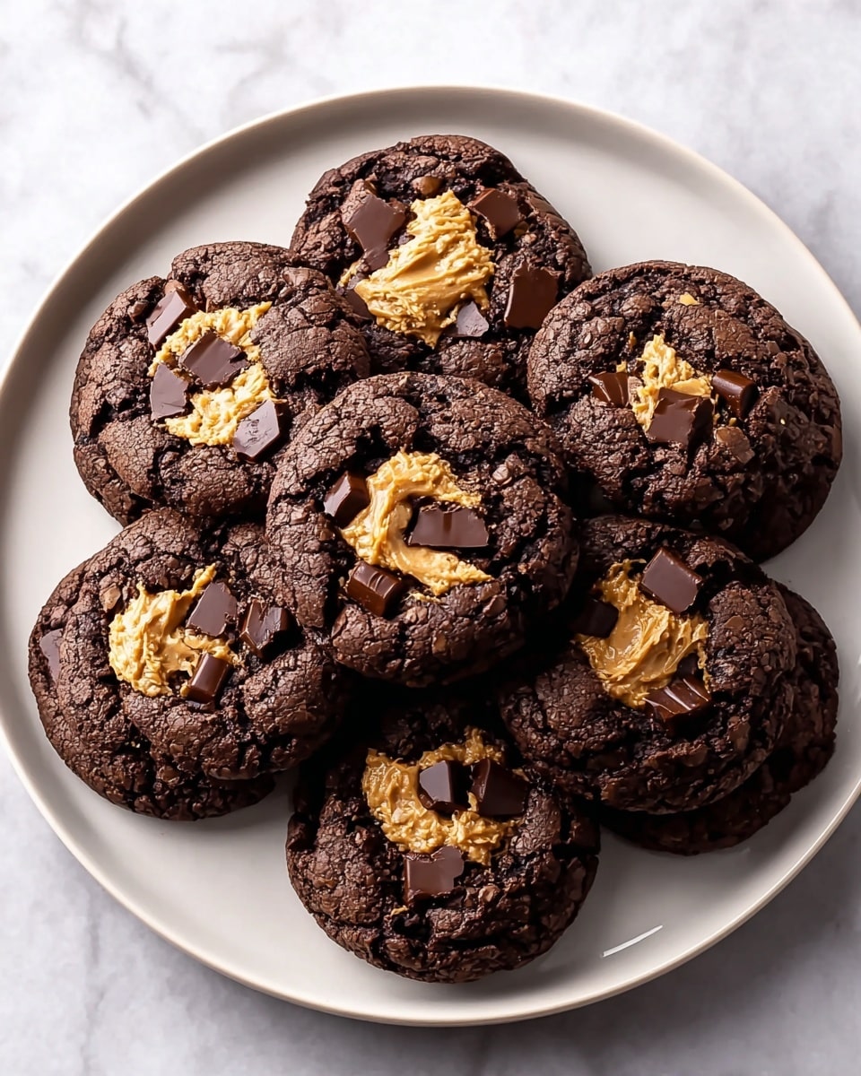 A white plate holds a neat pile of eight dark chocolate cookies. Each cookie is thick and has a cracked texture surfaced with chunks of melted chocolate embedded across the top. The center of each cookie features a smooth dollop of creamy peanut butter, which is light brown and slightly glossy, contrasting with the deep brown of the cookie. The cookies are arranged in a rounded pile overlapping each other, set against a white marbled textured background. photo taken with an iphone --ar 4:5 --v 7