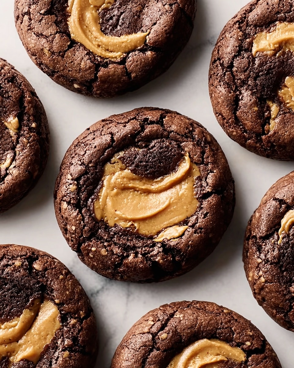 The image shows several round chocolate cookies with a cracked, rough dark brown surface. Each cookie has a swirled light brown peanut butter layer in the center that contrasts with the darker outer part. The cookies have a slightly raised edge and a soft, chewy texture. They are placed directly on a white marbled surface, spaced apart so each cookie is fully visible. photo taken with an iphone --ar 4:5 --v 7