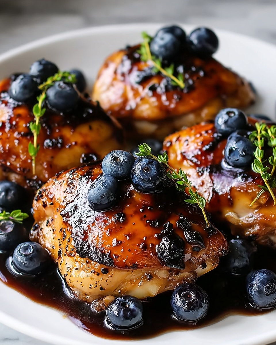 Three grilled chicken thighs with a shiny, slightly charred surface are arranged on a white plate with a white marbled texture background. Each chicken thigh is topped with a small bunch of bright green fresh herbs and several plump, dark blue blueberries. Around the base of the chicken pieces, a dark, glossy sauce pools with additional blueberries scattered, creating a contrast with the golden-brown chicken and the white plate. The image captures the juicy and tender texture of the chicken, highlighted by the fresh berries on top. photo taken with an iphone --ar 4:5 --v 7