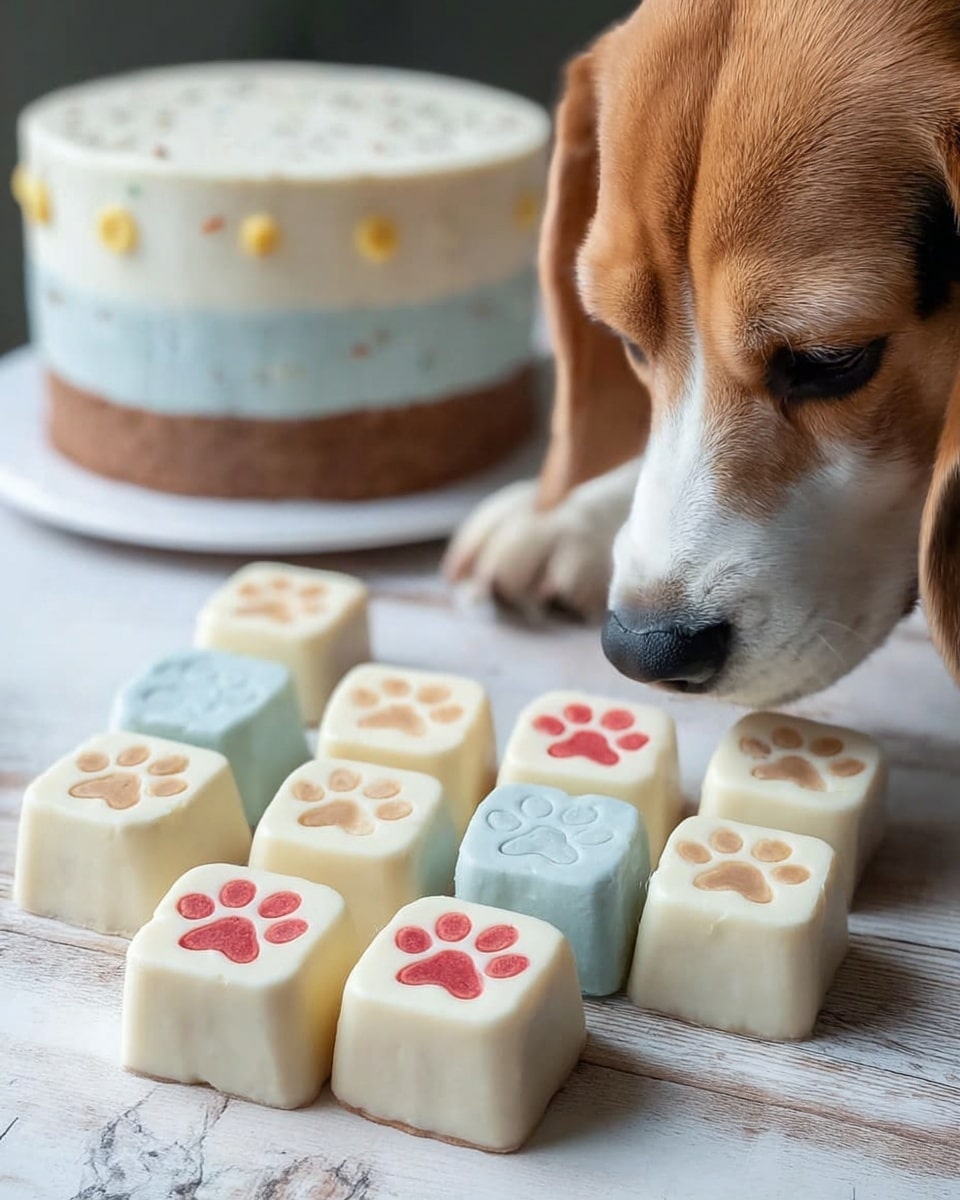 The image shows nine small square treats with smooth, creamy white tops, each decorated with a paw print in red or beige on the top center, arranged neatly on a light wooden surface with a white marbled texture. One treat is light blue with a beige paw print. In the background, there is a round three-layered cake on a white plate, with the bottom layer light blue, the middle layer white with small specks, and the top layer brown, decorated with small yellow circles on the white edge. A beagle's face is close to the treats, sniffing them with its nose touching one of the red paw print treats. The dog's front paws are visible on the surface near the treats. Photo taken with an iphone --ar 4:5 --v 7
