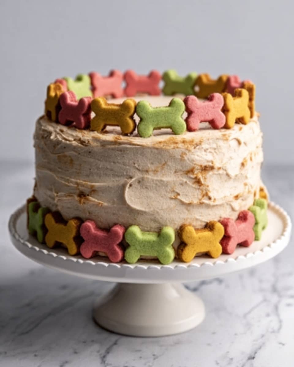 The image shows a tall, round cake on a white cake stand with scalloped edges, set on a white marbled surface. The cake has thick, light brown frosting covering the entire cake in a slightly rough texture. Around the base of the cake, there is a single row of colorful dog bone-shaped biscuits in pink, green, and yellow colors, evenly spaced. The top of the cake is decorated with the same colorful bone-shaped biscuits, arranged in a circle near the edge. The layers inside the cake are not visible from this view. photo taken with an iphone --ar 4:5 --v 7