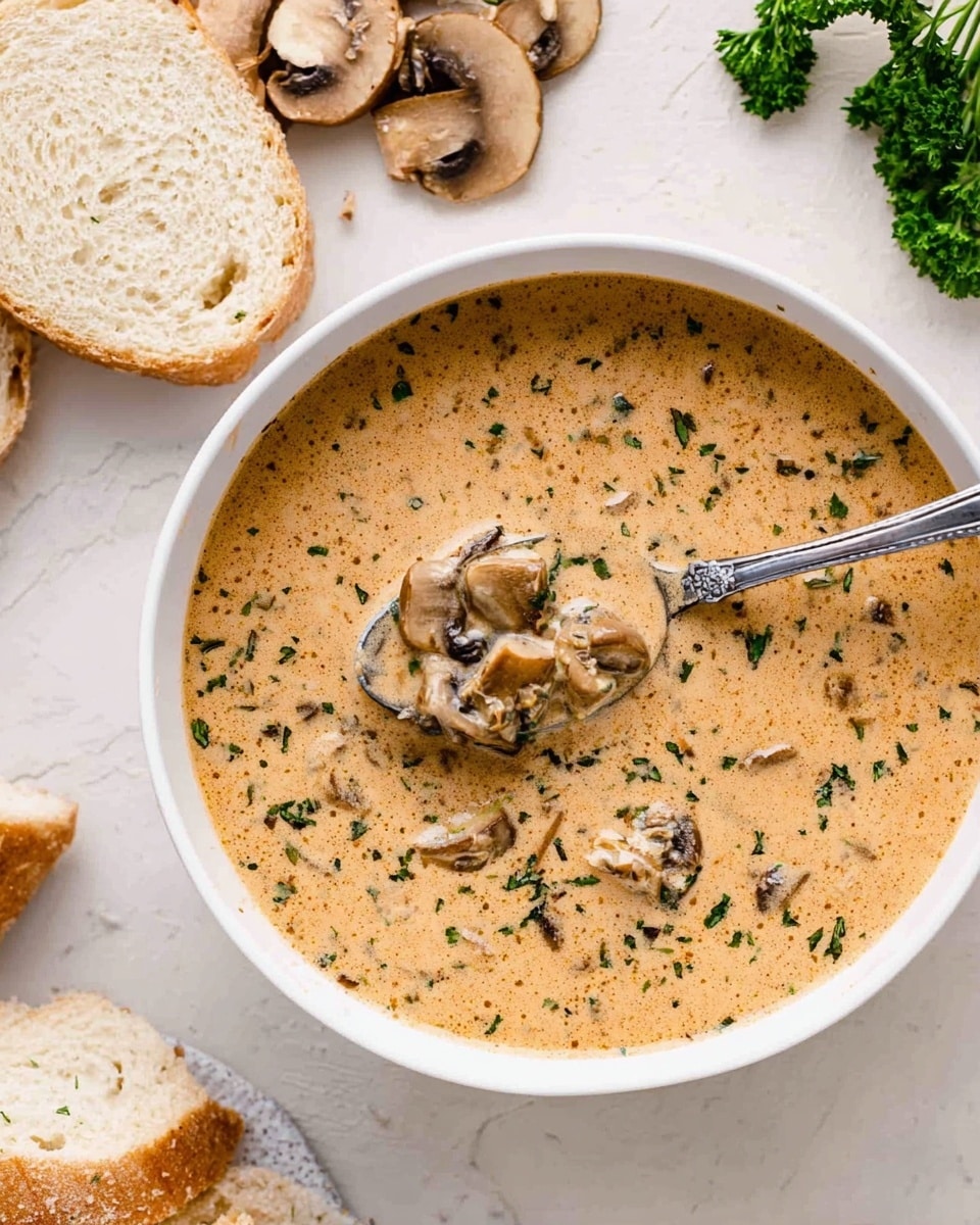 A white bowl filled with creamy mushroom soup that has a light brown color with visible small chunks of sliced mushrooms and green herbs scattered on top. A spoon inside the bowl holds some of the soup with mushroom pieces clearly visible, positioned near the bowl's center. Around the bowl, there are slices of light beige bread and mushroom slices placed on a white marbled surface, with a small bunch of parsley at the top right corner. The texture of the soup looks smooth and rich with a slightly creamy finish. Photo taken with an iphone --ar 4:5 --v 7