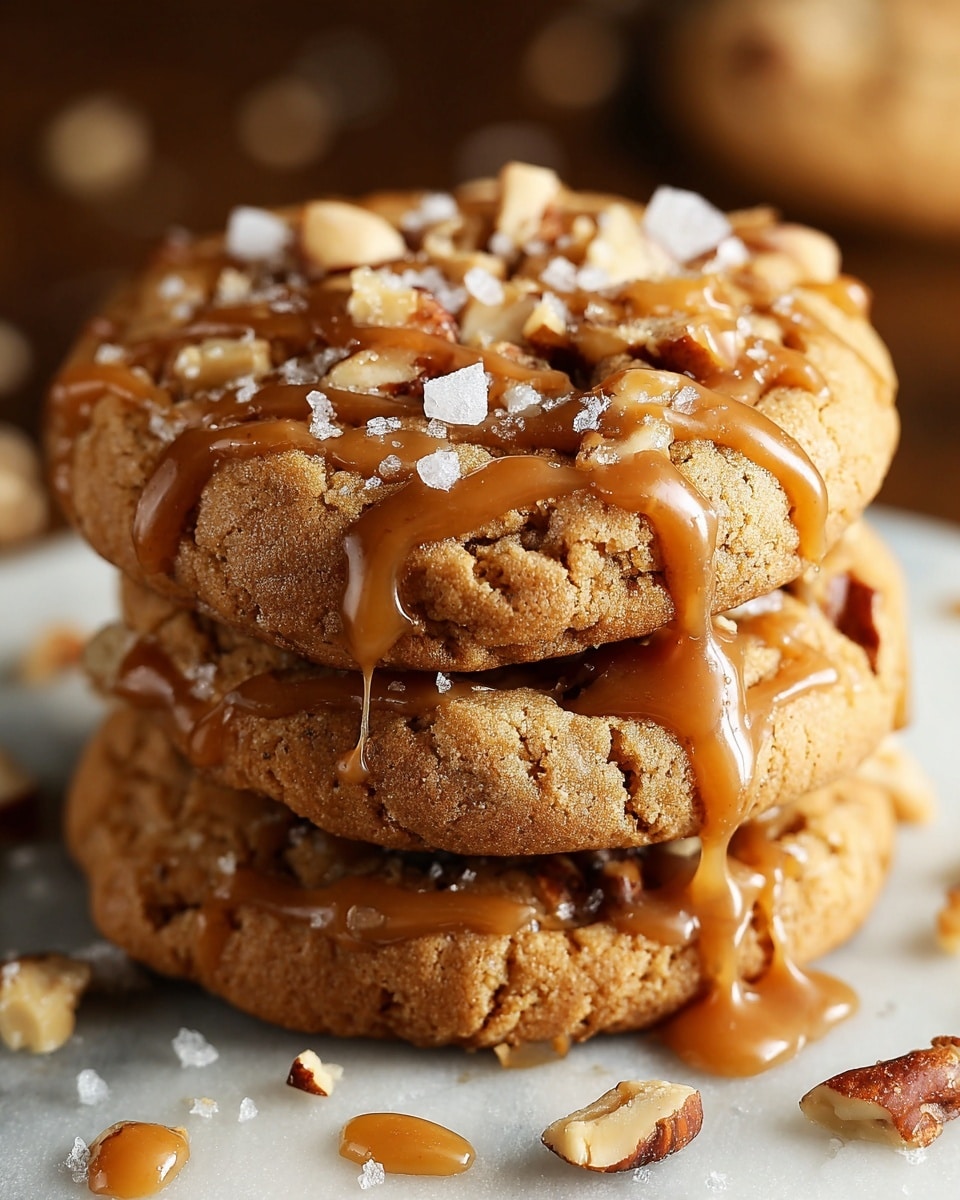 A stack of two thick cookies sits on a white marbled surface, each cookie showing a rough textured golden-brown surface. The top cookie is broken in half on top, revealing a soft, gooey caramel layer beneath its surface with chunks of dark chocolate and small crunchy peanut pieces mixed inside. The top of the cookies is sprinkled with melty caramel drizzles and more chunks of dark chocolate, giving a shiny, sticky look. The edges of the cookies have a slightly crispy texture, contrasting with the soft middle. Photo taken with an iphone --ar 4:5 --v 7
