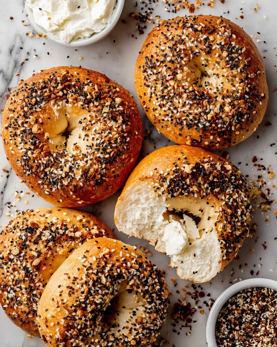 The image shows four golden brown bagels topped with a mix of sesame seeds, black seeds, and dried onion flakes, giving the crust a textured look. One bagel is sliced open, revealing a soft, light cream inside with a fluffy, spongy texture. Near the top left corner, there is a white bowl filled with white creamy spread, and in the bottom right corner, there is a white bowl with a mix of sesame seeds and dried seasonings. The bagels are placed closely together on a white marbled surface with scattered seeds and seasoning around them. photo taken with an iphone --ar 4:5 --v 7