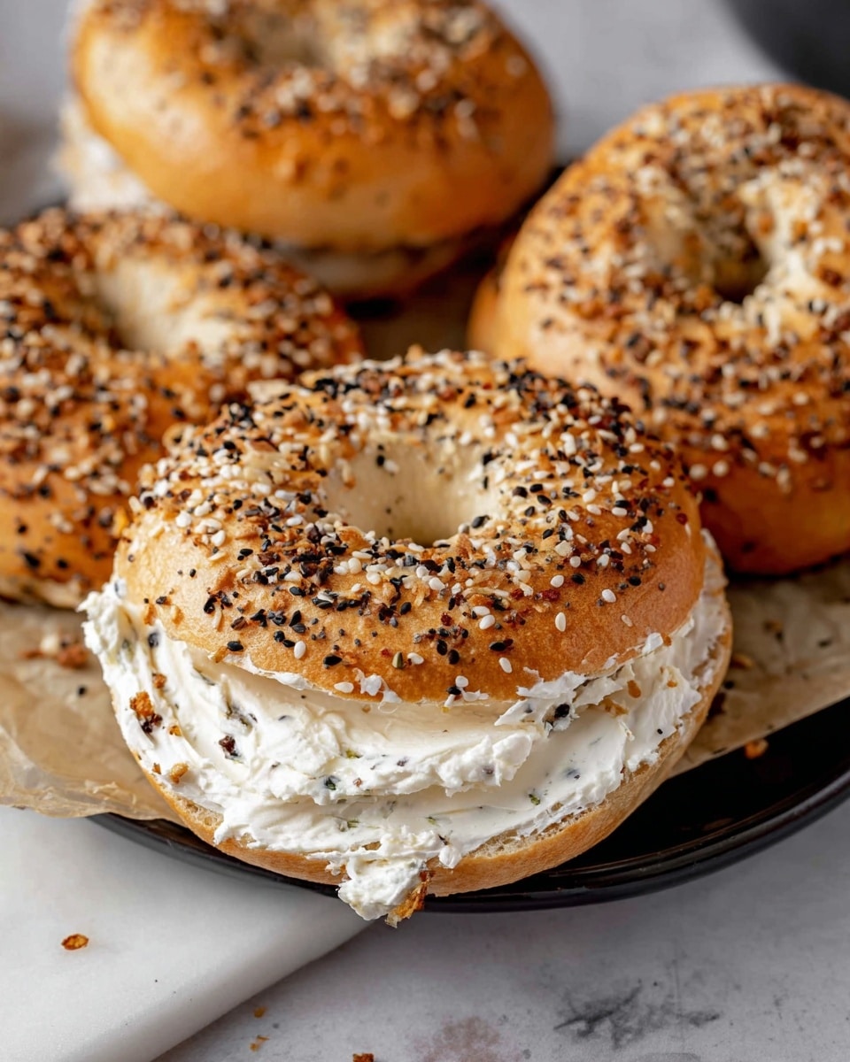 A close-up view of a round bagel cut in half, with the top half slightly lifted to show a thick layer of creamy white cheese spread with visible small herb bits, all resting on a simple white marbled surface. The bagel crust is golden brown, covered with a mix of white and black sesame seeds and bits of onion flakes, giving it a rough texture on top. Around the plate, there are more whole bagels with the same seeds and golden baked appearance, slightly blurred in the background. Photo taken with an iphone --ar 4:5 --v 7
