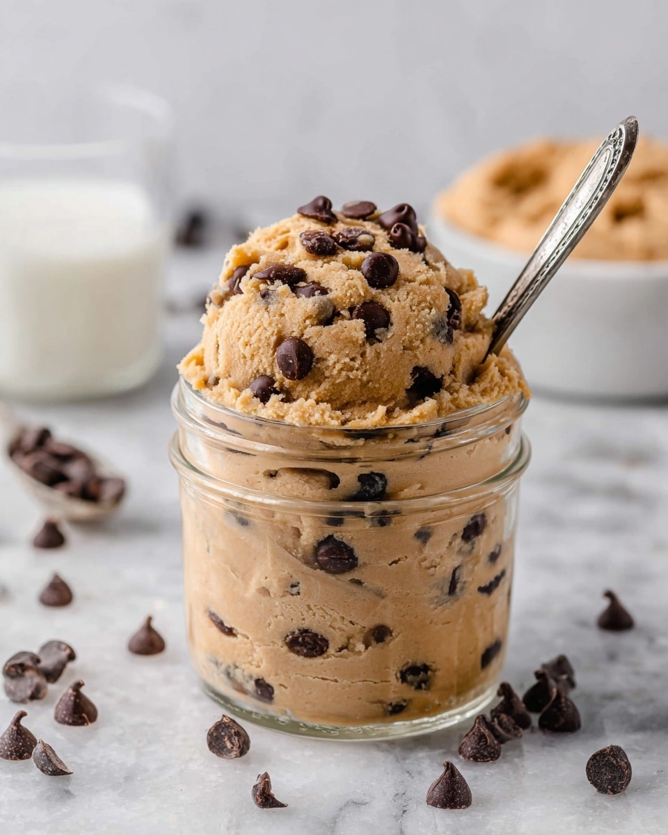The image shows a glass jar filled with three large scoops of light brown cookie dough mixed with small, dark brown chocolate chips, creating a rough texture. The top scoop has extra chocolate chips scattered over it. Around the jar, there are scattered small cookie dough balls and chocolate chips on a white marbled surface. In the background, blurred, there is a white bowl filled with more cookie dough and a spoon resting in it, along with a glass jar of milk. photo taken with an iphone --ar 4:5 --v 7