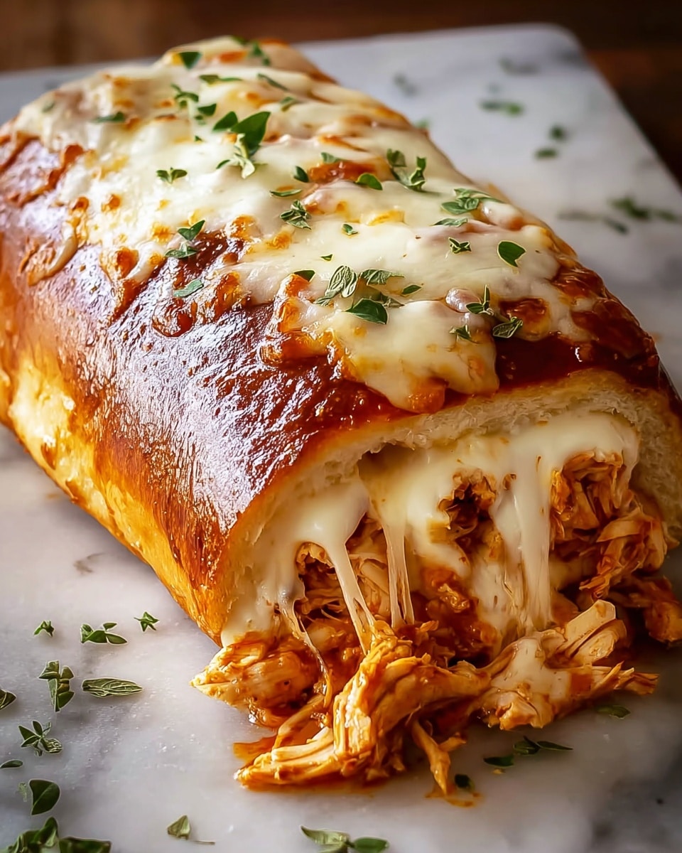 A close-up of a stuffed baked roll on a white marbled surface, showing a golden-brown crust with melted, stretchy cheese on top and sprinkled with small green herb leaves. The roll is sliced open at the front, revealing layers of shredded chicken mixed with a reddish-orange sauce and melted white cheese inside. The crust appears crispy and shiny with a slightly browned texture, and the inside layers look soft and moist. Small herb leaves are scattered around the roll on the surface, giving a fresh touch. Photo taken with an iphone --ar 4:5 --v 7