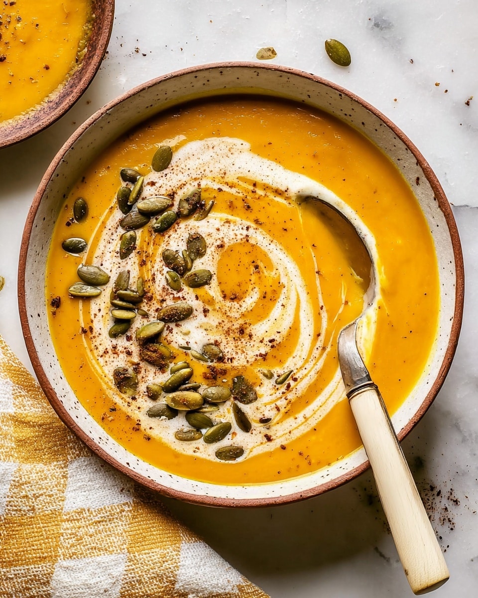 A bowl filled with smooth, bright orange pumpkin soup with a creamy texture covers the surface evenly. On top, a spiral of white cream softly swirls starting from the center extending outward. Scattered along the cream and soup are roasted pumpkin seeds, which are greenish-brown, adding a crunchy texture. A light sprinkle of ground black pepper and a dusting of brown spice are spread over the soup, giving it a seasoned look. The bowl is white with a rustic brown rim, resting on a white marbled surface. Leaning on the bowl's edge is a spoon with a light beige handle. A folded yellow and white checkered cloth lies beside the bowl. Photo taken with an iphone --ar 4:5 --v 7