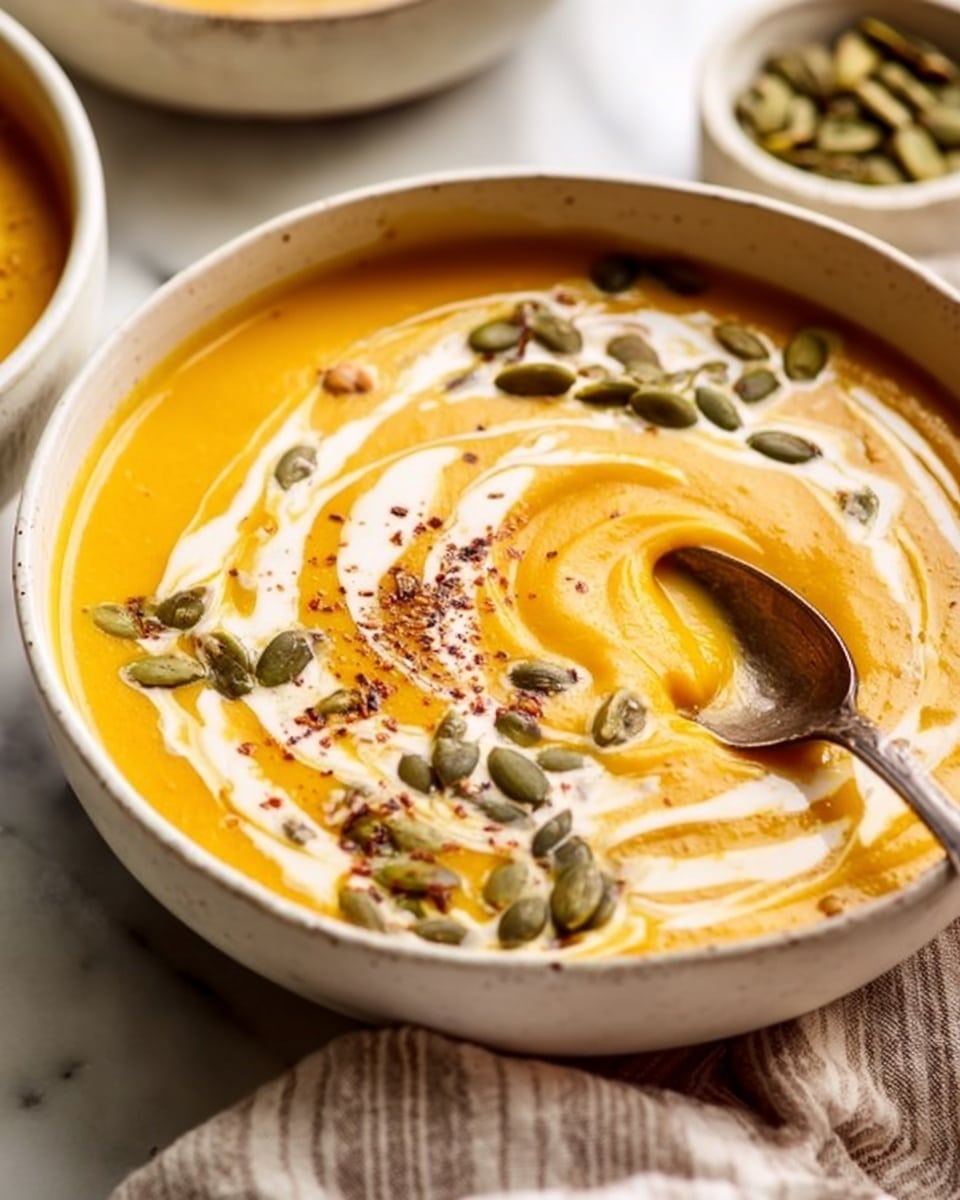 A white bowl filled with smooth, thick orange soup is shown close up. The soup has swirls of white cream on top, with dark specks of spices and a handful of green pumpkin seeds scattered mainly on one side. A silver spoon is dipped into the soup on the right side, slightly scooping some up. The bowl sits on a white marbled surface with parts of a striped beige and white cloth visible in the bottom right corner. Another small white bowl with pumpkin seeds is blurred in the background. Photo taken with an iphone --ar 4:5 --v 7