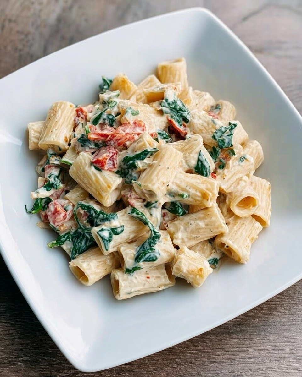 A white square plate holds a creamy pasta dish with rigatoni noodles. The rigatoni are light beige, coated in a smooth, white cream sauce. Mixed throughout the pasta are soft, wilted green spinach leaves and small chunks of red tomato, adding color contrast. The pasta looks well mixed, with the sauce evenly covering each piece. The dish sits on a white marbled surface. photo taken with an iphone --ar 4:5 --v 7