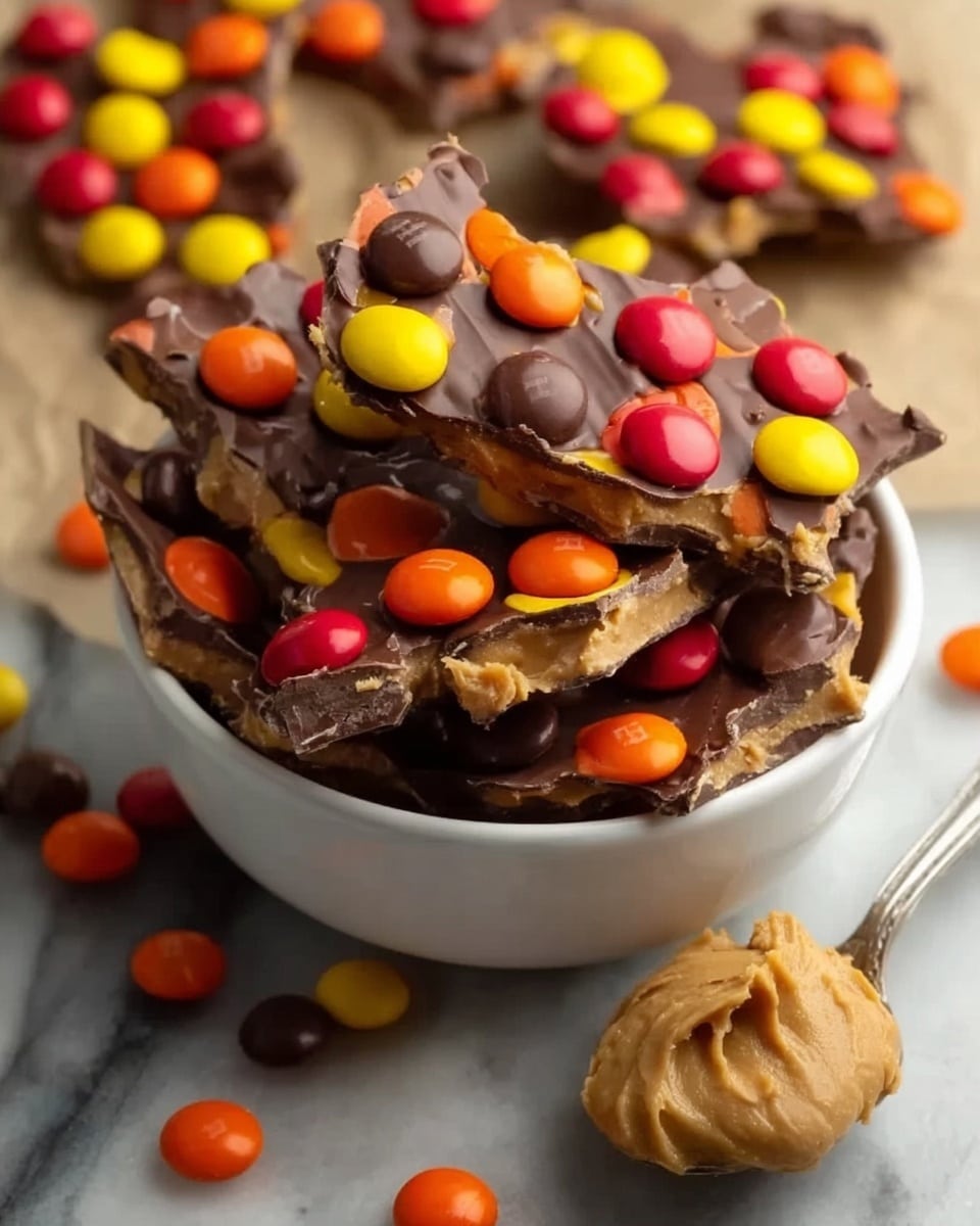 The image shows many pieces of a layered dessert cut into irregular triangle shapes, spread out on a white marbled surface. Each piece has a thick, light tan bottom layer with a smooth, creamy texture. On top of that is a dark brown, shiny chocolate layer that covers the entire top surface. Small, round candy pieces in orange, yellow, and brown colors are scattered evenly across the chocolate layer, adding bright colorful spots. The overall look is rich and textured with a mix of smooth and crunchy elements. photo taken with an iphone --ar 4:5 --v 7