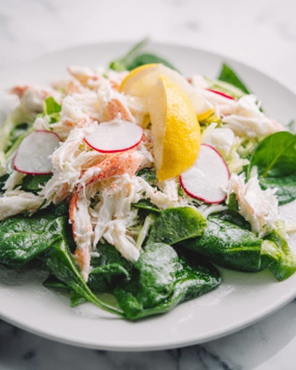 The image shows a fresh salad on a white plate with layers starting from large green spinach leaves at the bottom, topped with white crab meat scattered across. Thin slices of pale radish and light yellow lemon wedges are arranged on top, adding color contrast. The textures vary from soft crab meat, smooth lemon wedges, to the leafy spinach and crisp radishes. The plate is set on a white marbled surface, and a woman's hand is slightly visible at the edge. Photo taken with an iphone --ar 4:5 --v 7