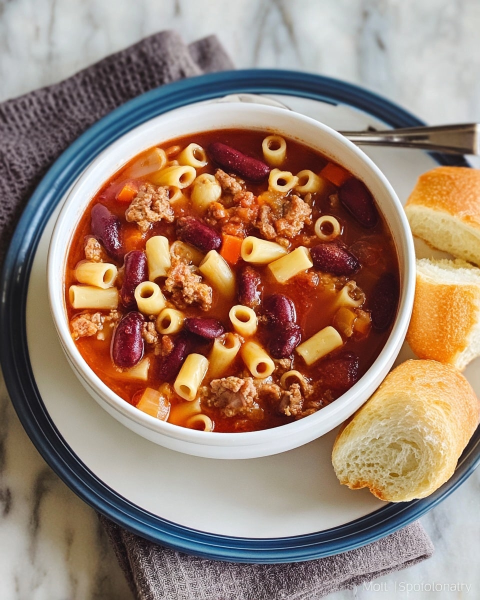 A white plate holds a thick, warm pasta soup with small round pasta pieces, kidney beans, and chunks of red tomatoes in a rich brownish-red broth with herbs sprinkled on top. The soup looks hearty and textured, with soft pasta and beans mixing well with the tomato pieces. The plate sits on a white marbled surface with fresh green herbs nearby and a silver spoon to the side. photo taken with an iphone --ar 4:5 --v 7
