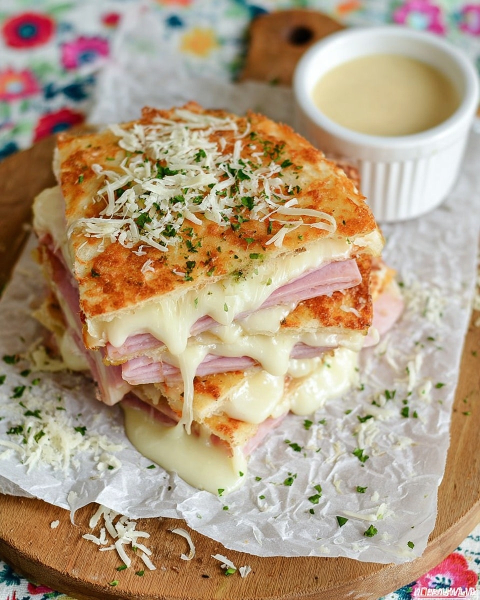 A toasted sandwich with three thick square layers is shown, each with layers of melted white cheese and pink ham slices in between. The top layer is a golden-brown toasted bread sprinkled with chopped green herbs and shredded white cheese, some of it scattered around the sandwich on white parchment paper. Next to the sandwich on a wooden board is a small white bowl filled with creamy light beige sauce. The whole setup is placed on a white marbled textured surface with some floral patterned cloth peeking from the edges. photo taken with an iphone --ar 4:5 --v 7