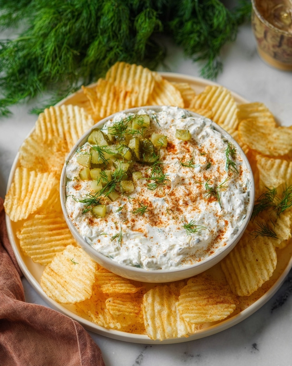 The image shows a white bowl filled with a creamy white dip that has a slightly rough texture. On top of the dip, there are small chopped green pickles scattered across, along with bright green dill sprigs. A light sprinkle of orange-red seasoning powder is spread unevenly over the surface. The bowl is placed on a white plate that holds a border of golden yellow, ridged potato chips all around the bowl. The setting includes a white marbled surface with a soft brown cloth and fresh dill bunch in the background, enhancing the fresh and inviting look of the dish. Photo taken with an iphone --ar 4:5 --v 7