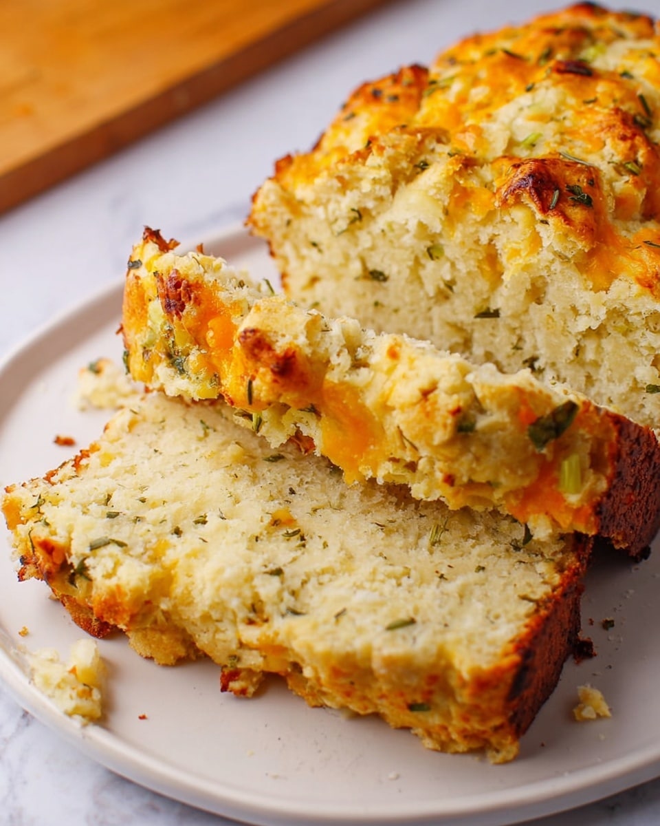 The image shows two slices of a moist, yellowish bread loaf with visible pieces of melted orange cheddar cheese and small bits of green herbs scattered throughout the crumb. The bread texture looks soft and slightly crumbly, with small holes nodding to its light, airy crumb. The melted cheese creates streaks of bright orange that blend into the pale yellow dough, while finely chopped herbs add small green flecks on the surface and inside. The background has a white marbled texture. photo taken with an iphone --ar 4:5 --v 7