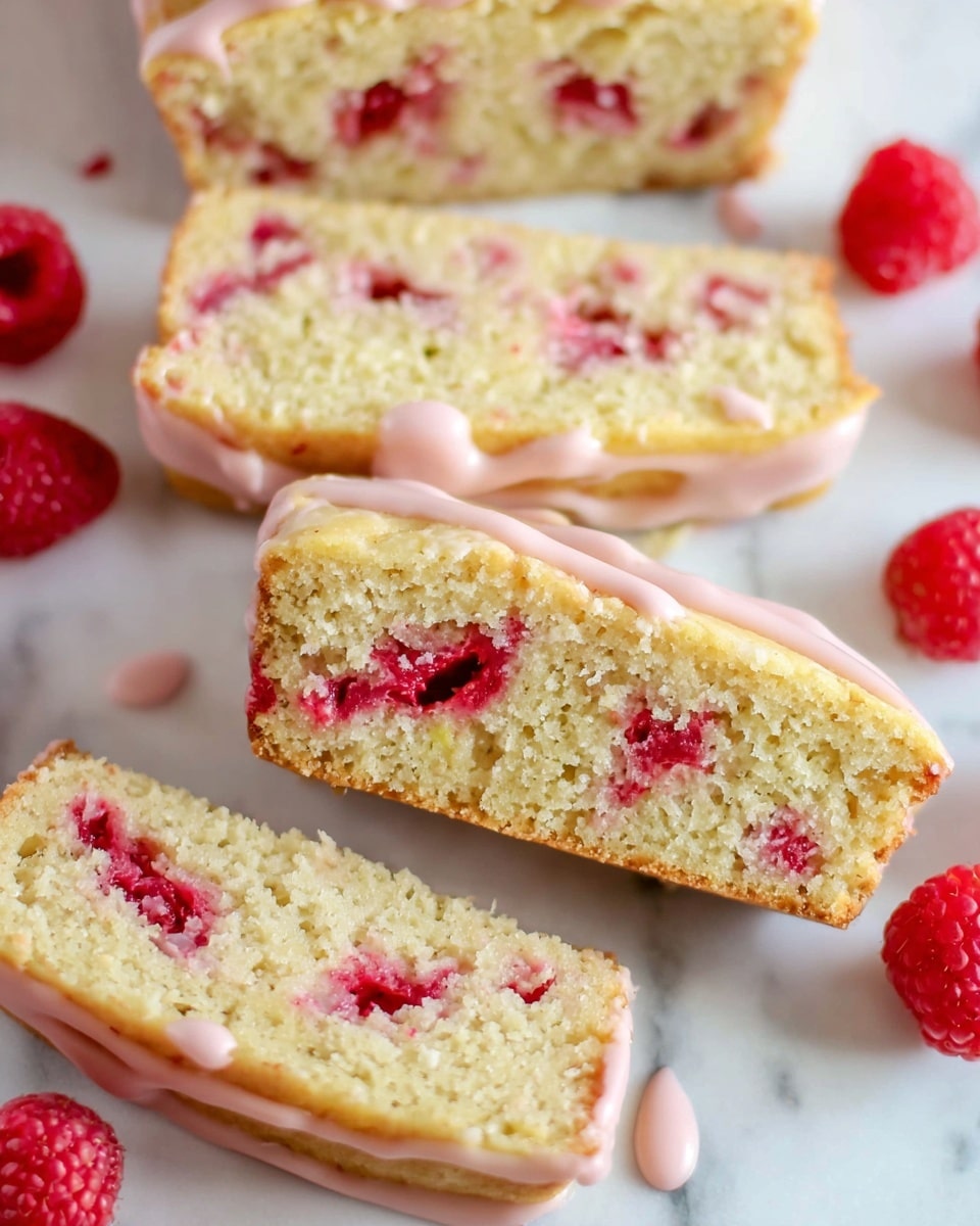 The image shows several square and triangular light yellow cake bars with visible red raspberry pieces inside. Each cake bar is drizzled with a thin pink glaze in diagonal lines across the top, giving a shiny texture. Bright red fresh raspberries are scattered around the cake bars on a white marbled texture, with one white bowl filled with more fresh raspberries placed in the top left corner. The cake bars have a soft and moist appearance, and the overall setting looks clean and fresh. photo taken with an iphone --ar 4:5 --v 7