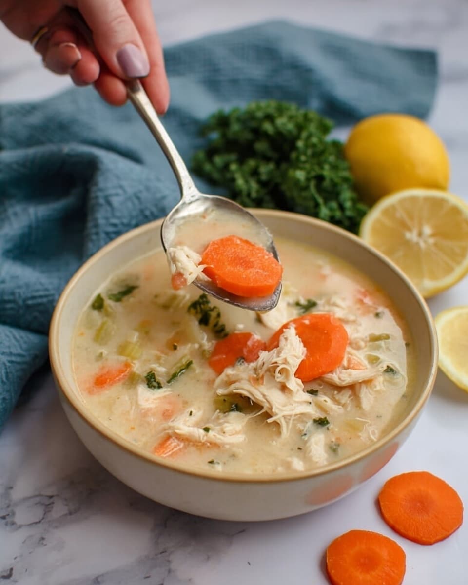 A creamy soup with visible chunks of shredded chicken and slices of bright orange carrots floats in a round beige bowl placed on a white marbled surface. The soup has a thick, light beige broth with hints of celery green pieces mixed in. Several carrot slices are scattered on the surface near the bowl along with fresh lemon halves and green kale leaves for garnish. A woman's hand holds a silver spoon above the bowl, lifting a spoonful of soup showcasing a large carrot piece on top. A soft blue cloth is partially visible behind the bowl. Photo taken with an iphone --ar 4:5 --v 7