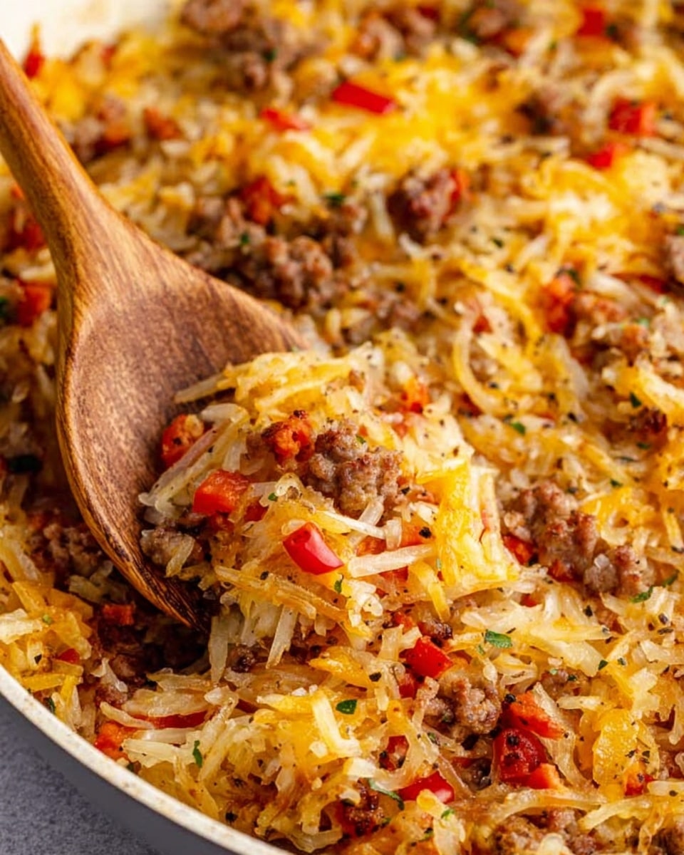 A close-up view of a black frying pan filled with a cooked mixture of small pieces of browned ground meat, orange diced bell peppers, melted yellow cheddar cheese, and white shredded potatoes, all mixed together with a slightly crispy texture. Behind the pan, there are two small clear bowls on a white marbled surface, one filled with chopped ham and the other with diced orange bell peppers. A black and white checkered cloth is partly under the pan. Photo taken with an iphone --ar 4:5 --v 7