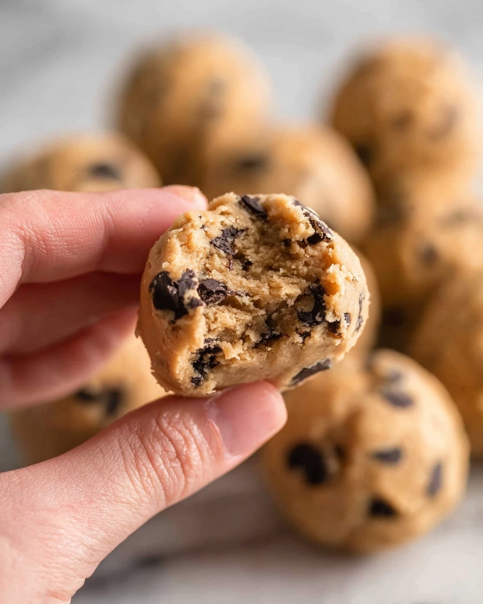 A close-up image of a partially eaten round ball of cookie dough held between the thumb and index finger of a woman's hand, showing a dense, crumbly light brown dough filled with small dark chocolate chips. In the blurred background, there are multiple whole cookie dough balls of the same color and texture resting on a white marbled surface. The focus is on the bitten dough ball, highlighting its rough and slightly moist inside texture. photo taken with an iphone --ar 4:5 --v 7