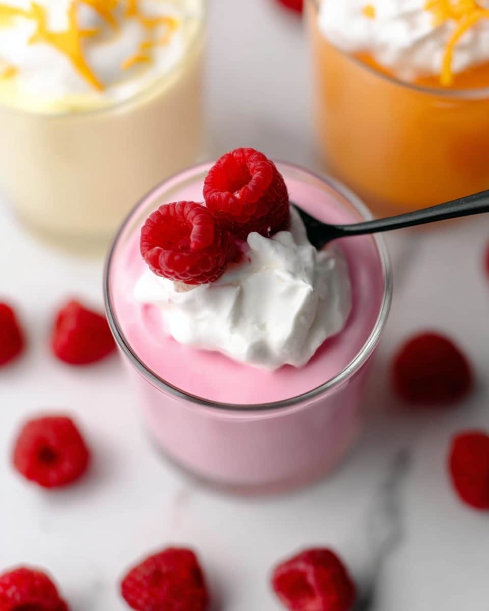 A clear glass contains three layers of dessert: the bottom layer is a smooth pink cream, above it is a white creamy dollop, and the top layer has three fresh red raspberries placed on the white cream. A black spoon is inserted into the dessert, partially mixing the pink cream. The glass is placed on a white marbled surface scattered with whole and halved red raspberries. Two other glasses with different colored creamy desserts are partially visible around the main glass. Photo taken with an iphone --ar 4:5 --v 7