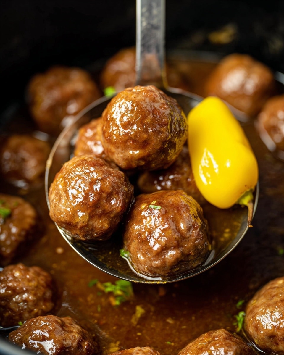 The image shows a black slow cooker filled with many brown meatballs submerged in a shiny, slightly oily brown sauce. Scattered among the meatballs are several whole bright yellow-green peppers with smooth, waxy skin, adding a pop of color. The texture of the meatballs is slightly rough and uneven, showing they are cooked but juicy. The slow cooker interior is glossy black, creating a contrast with the food inside. photo taken with an iphone --ar 4:5 --v 7