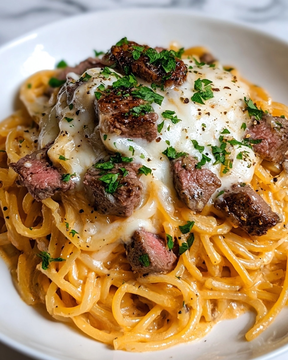 A close-up view of a dish showing thick spaghetti noodles coated in a creamy light orange sauce forming the base layer, topped with small pieces of grilled steak that are browned on the outside with a pink center. On top of the steak and noodles, there is a layer of melted white cheese with some browned spots, sprinkled with chopped green parsley and black pepper. The dish is presented on a white plate against a white marbled background. photo taken with an iphone --ar 4:5 --v 7