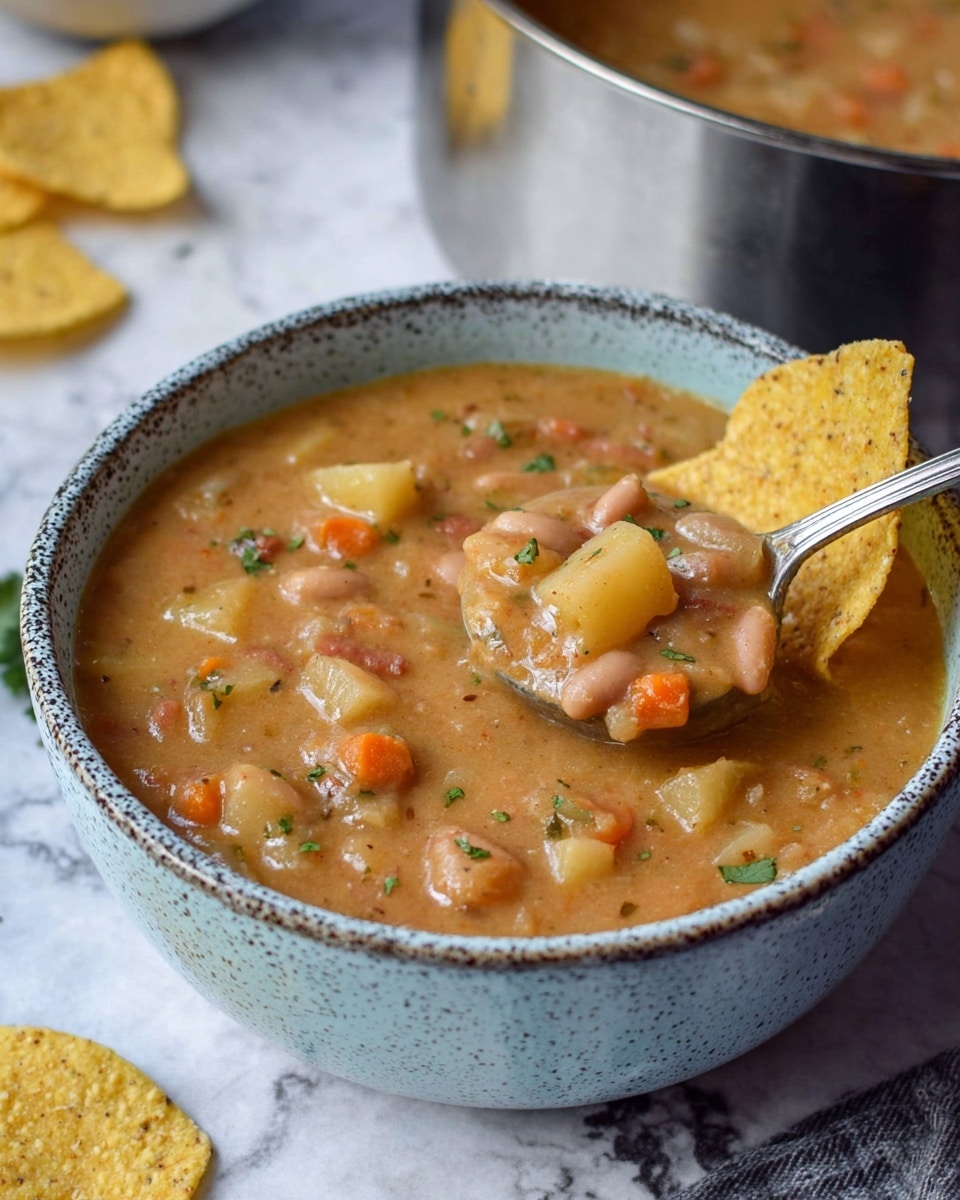 A close-up of a large silver metal pot filled with thick, chunky orange-brown stew with visible pieces of vegetables and beans, a silver ladle lifts a scoop of the stew showing its thick and textured consistency, in the top right corner a white bowl holds round yellow corn chips, a woman's hand holds the ladle against a white marbled background. photo taken with an iphone --ar 4:5 --v 7