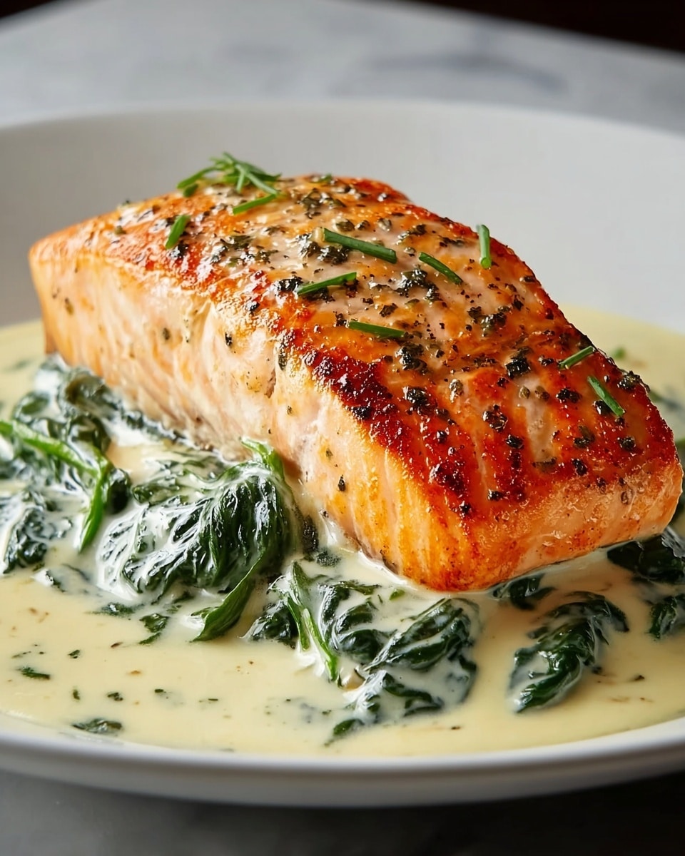 A piece of cooked salmon with a golden-brown seared surface and visible grill marks sits at the center of a white plate, covered with a creamy white sauce that includes pieces of wilted dark green spinach. The sauce also pools around the bottom of the salmon, blending with more spinach beneath the fish. The plate rests on a white marbled surface. photo taken with an iphone --ar 4:5 --v 7