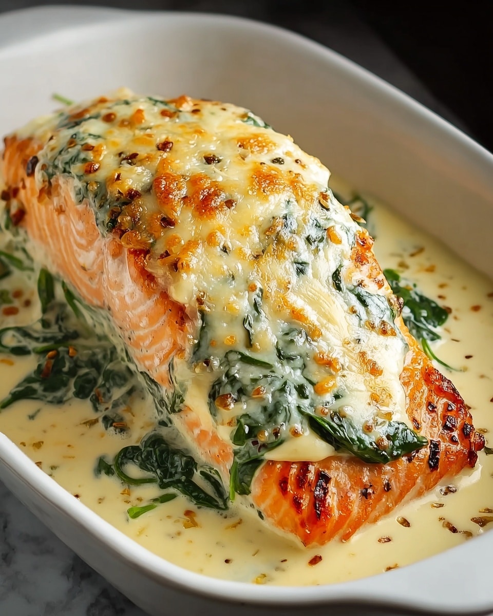 A thick piece of cooked salmon with a bright orange color and grill marks on the sides sits in the middle of a white rectangular dish. The salmon is covered with a creamy white sauce mixed with wilted dark green spinach, topped with golden brown melted cheese that looks bubbly and slightly crispy. The sauce pools around the salmon, showing some leafy greens underneath. Wisps of steam rise from the hot dish, giving a fresh, just-cooked feel. The dish is placed on a white marbled surface. photo taken with an iphone --ar 4:5 --v 7