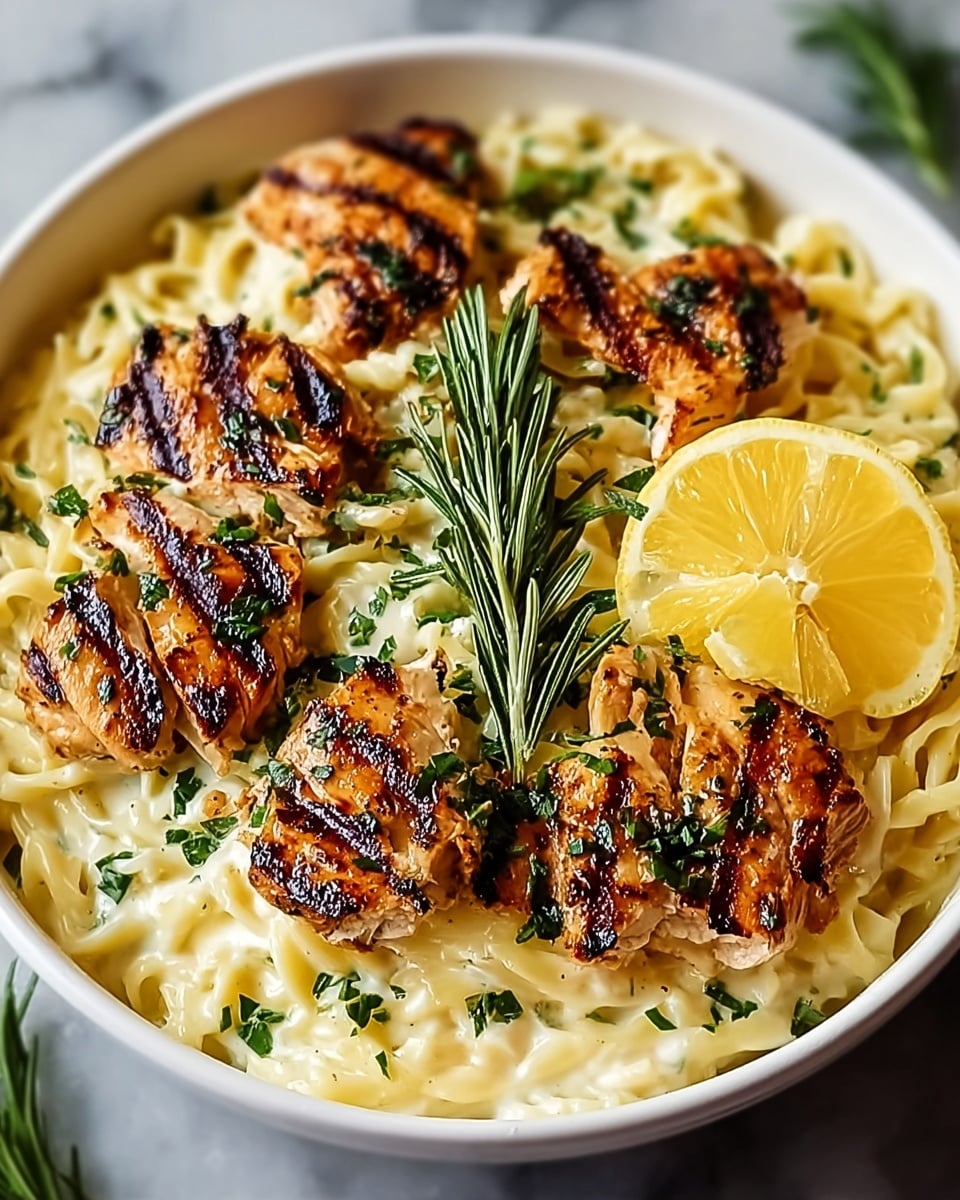 A white bowl filled with creamy pasta forms the base layer, smooth and light yellow in color, coated with a rich sauce. On top, there are seven pieces of grilled chicken, each with clear dark grill marks giving a textured, caramelized look, garnished with finely chopped green herbs. A fresh green sprig of rosemary rests in the center of the bowl among the chicken pieces. A bright yellow lemon wedge is placed on the right side, adding a pop of color and freshness to the dish. The entire composition rests on a white marbled surface. photo taken with an iphone --ar 4:5 --v 7