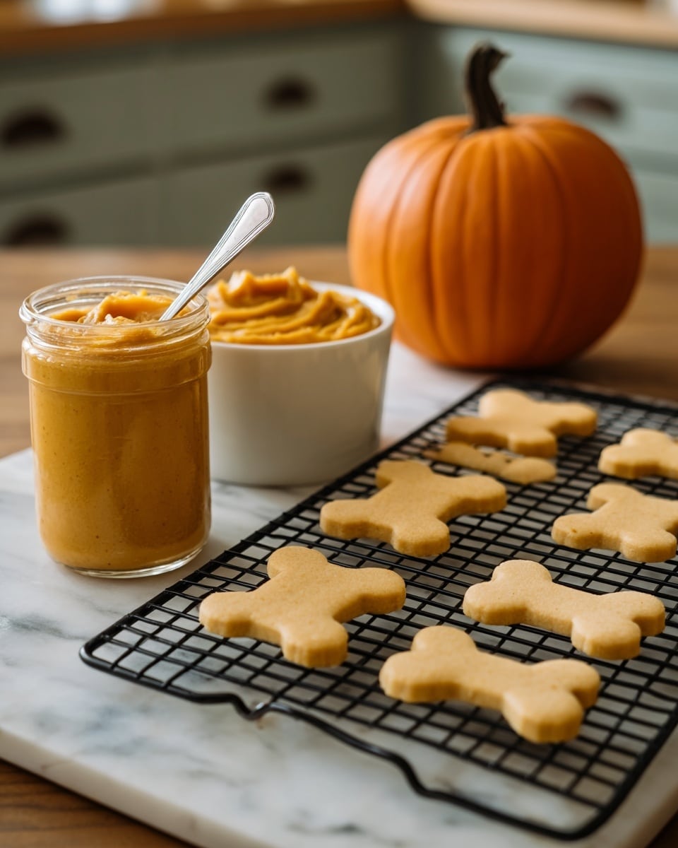 The image shows a white bowl filled with smooth, orange pumpkin puree on the left, next to a small glass jar filled with the same puree and a small spoon resting inside it. To the right, there is a black wire cooling rack holding ten evenly spaced dog bone-shaped cookies that are light golden brown in color, with a soft texture. In the background, a large orange pumpkin is visible on the white marbled surface, adding a seasonal touch. The setting is warm and cozy with kitchen cabinets softly blurred in the background. Photo taken with an iphone --ar 4:5 --v 7