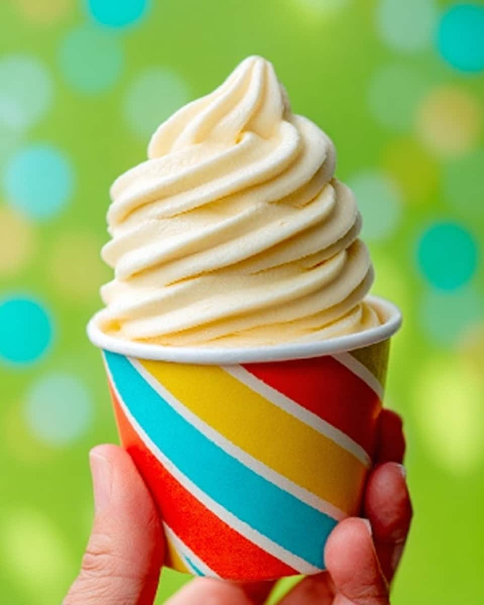 A soft serve ice cream cone with a tall, smooth swirl of creamy vanilla ice cream, light yellow in color, standing upright in a small, ornate white cup with a golden pattern. The cup has an embossed design and rests on a white marbled surface. The background is blurred with warm earthy tones and some greenery visible. Photo taken with an iphone --ar 4:5 --v 7