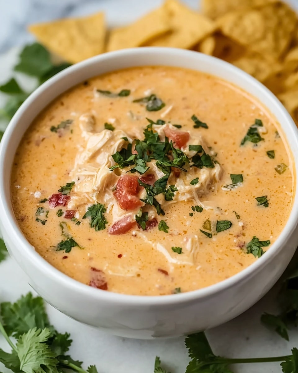 A white bowl filled with thick, creamy light orange soup, with visible chunks of white chicken and small red tomato pieces. The soup is topped with fresh green cilantro leaves scattered on the surface. The bowl sits on a white marbled texture, with some corn chips and sprigs of cilantro blurred in the background. The image is close up, showing the smooth texture of the soup and the fresh garnish. photo taken with an iphone --ar 4:5 --v 7