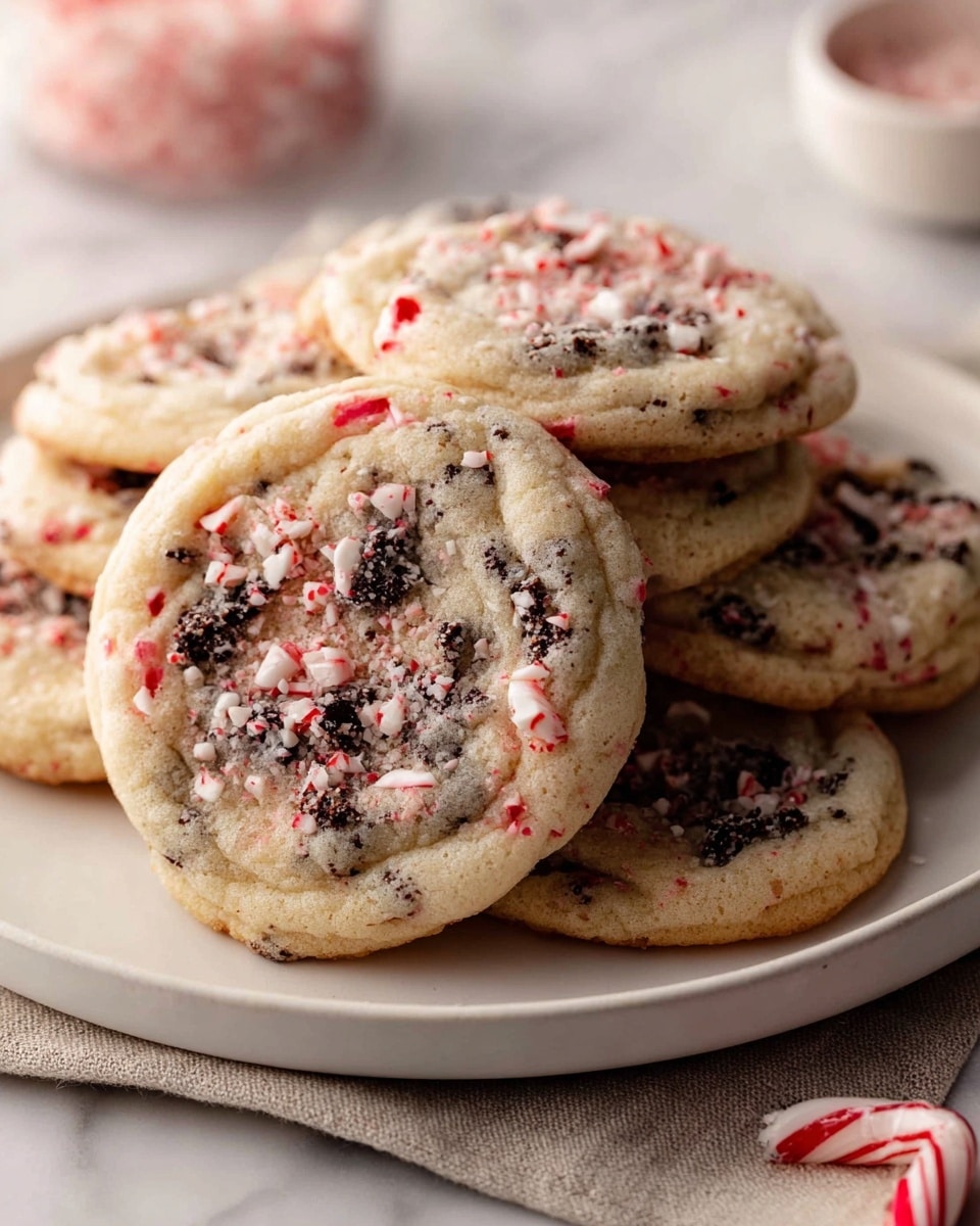 A close-up of a stack of round cookies on a white plate, each cookie showing a soft, light beige base with dark brown crumbly cookie bits and small chunks of red-and-white crushed peppermint candies spread evenly throughout the surface. The cookies have a slightly cracked texture, highlighting their soft and chewy look, with the peppermint pieces adding specks of bright red and white on top. The plate sits on a white marbled surface with a beige cloth partially underneath, and next to the plate, there is a tied peppermint stick ornament. The whole scene is warm and inviting. photo taken with an iphone --ar 4:5 --v 7