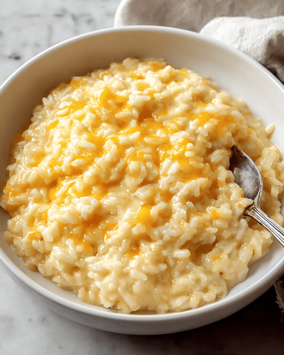 A white bowl filled with creamy cheesy rice, showing soft, plump grains mixed with melted cheese that has a golden yellow color spread evenly on top. The texture looks smooth and slightly thick, with the cheese giving a glossy finish. A metal spoon is partly buried on the right side in the rice. The bowl is placed on a white marbled surface with a light cloth peeking in the background. photo taken with an iphone --ar 4:5 --v 7
