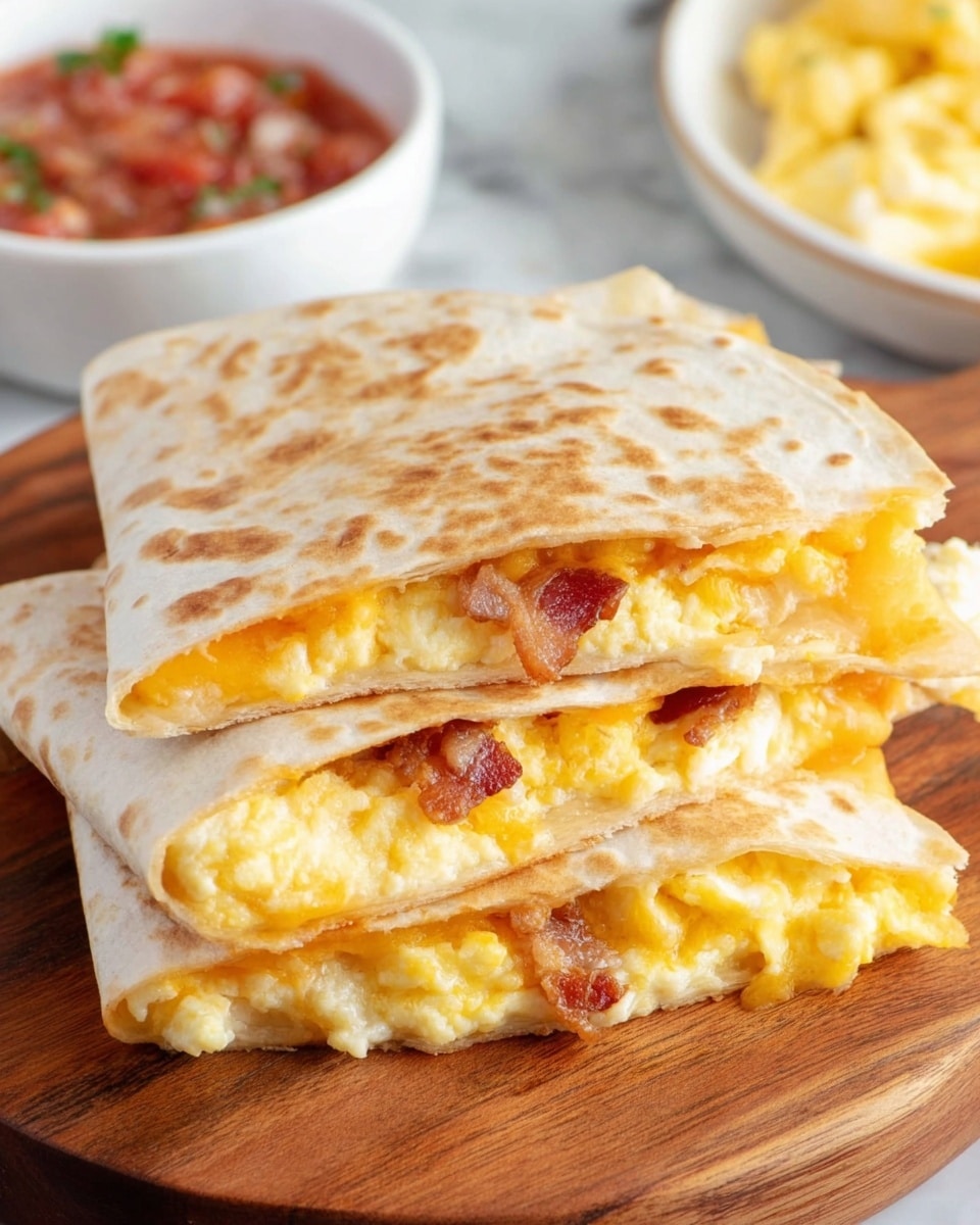 A close-up view of a breakfast quesadilla folded into four parts, showing two layers of soft, golden toasted tortilla wraps with a light brown spotted pattern. Between the layers, there is a filling of scrambled eggs that look fluffy and pale yellow, melted cheddar cheese in bright orange, and bits of crispy bacon with reddish-brown tones. The quesadilla is placed on a wooden cutting board with a smooth texture. In the blurred background, there is a white bowl with bright red salsa and a white plate with scrambled eggs on a white marbled surface. photo taken with an iphone --ar 4:5 --v 7