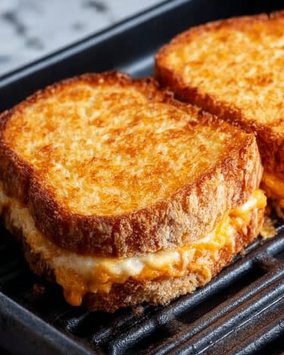 A close-up of a golden brown grilled cheese sandwich with a crispy, textured top layer of melted cheese and toasted bread. The sandwich shows slightly oozing orange melted cheese peeking out from the sides between two thick slices of toasted bread, which have a crunchy surface and a warm, golden color. It is placed on a dark grill pan with visible slots beneath the sandwich. The background is a white marbled texture. photo taken with an iphone --ar 4:5 --v 7