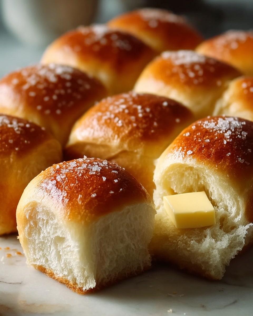 The image shows a close-up of soft dinner rolls with a golden brown top, some sprinkled with a light dusting of salt or sugar. One roll is split open to show its fluffy white inside, with a small square of pale yellow butter melting on top. The rolls are grouped tightly together on a white marbled surface. Natural light falls softly on the smooth shiny crusts, highlighting their warm color and fluffy texture inside. Photo taken with an iphone --ar 4:5 --v 7