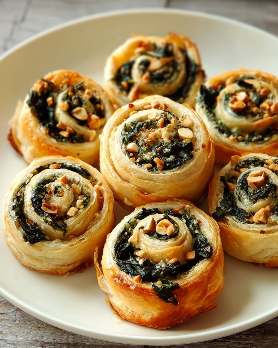 The image shows seven spiral-shaped pastry rolls arranged closely on a white plate, placed on a white marbled texture. Each roll has about three to four visible swirls made of light golden flaky dough and a dark green leafy filling, possibly spinach. The tops of the rolls are sprinkled with small toasted nuts or seeds, adding texture and color contrast. The dough looks crisp and flaky, with some areas slightly browned from baking. The rolls are upright, showing the spiral pattern clearly in each piece. Photo taken with an iphone --ar 4:5 --v 7
