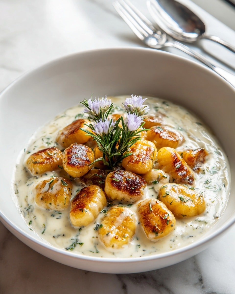 A white bowl holds about twenty small, golden-brown seared gnocchi pieces that are partially covered in a thick, creamy white sauce mixed with finely chopped green herbs. The gnocchi have a slightly crispy texture on the browned sides that face up, and the sauce pools around and under them, showing a smooth, rich consistency. At the center, a small sprig of fresh rosemary with light purple flowers and green leaves is placed on top, adding a fresh touch. The bowl is set on a white marbled surface with soft natural light coming from the side, and silver cutlery is partially visible in the background. photo taken with an iphone --ar 4:5 --v 7