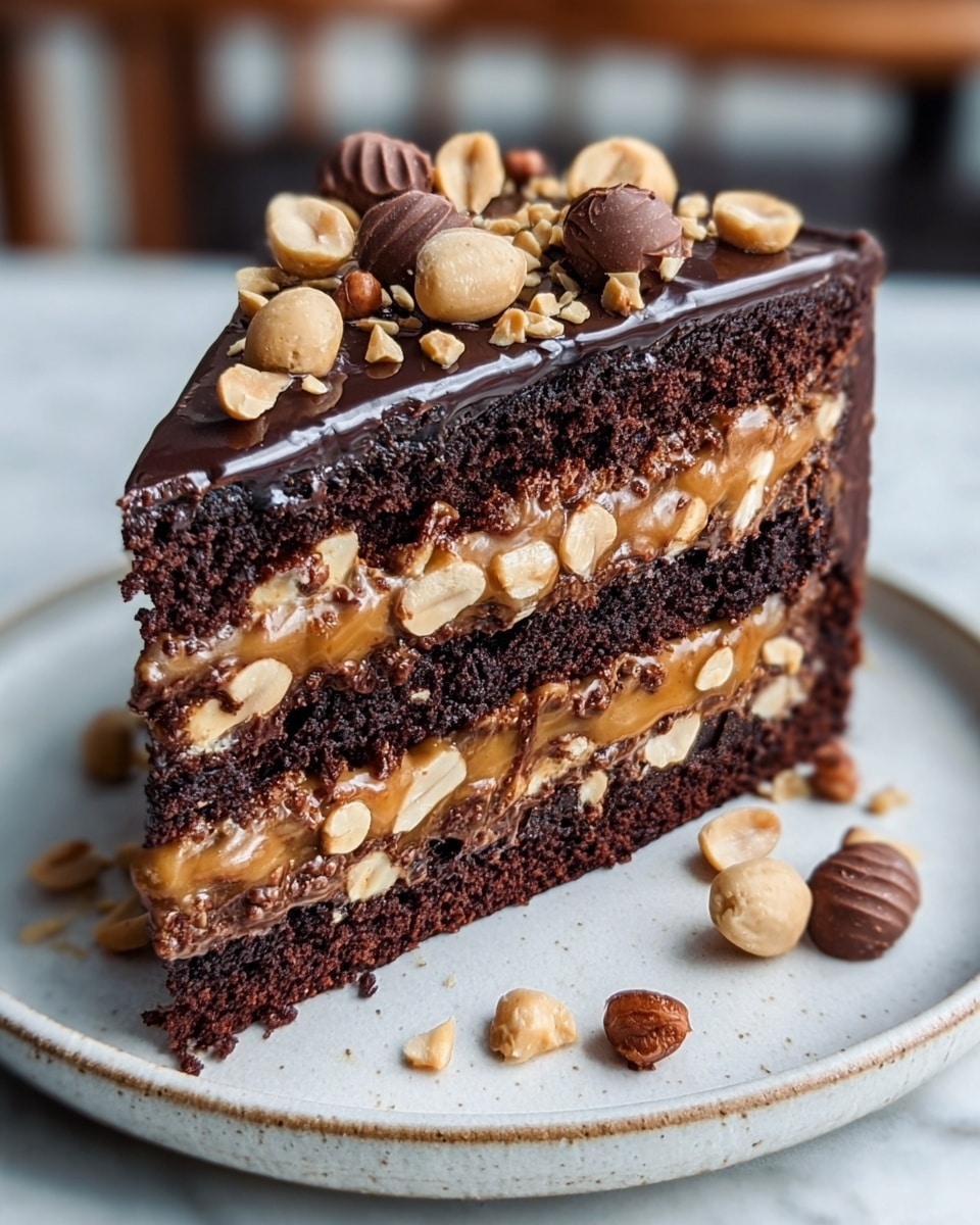 A slice of rich chocolate cake with three thick layers of dark brown chocolate sponge, separated by smooth caramel and peanut filling with bits of peanuts visible. The top is covered with a shiny layer of chocolate glaze, decorated with whole and halved peanuts and small chocolate pieces. The cake slice is on a white plate with a slightly rough texture, placed on a white marbled surface. photo taken with an iphone --ar 4:5 --v 7