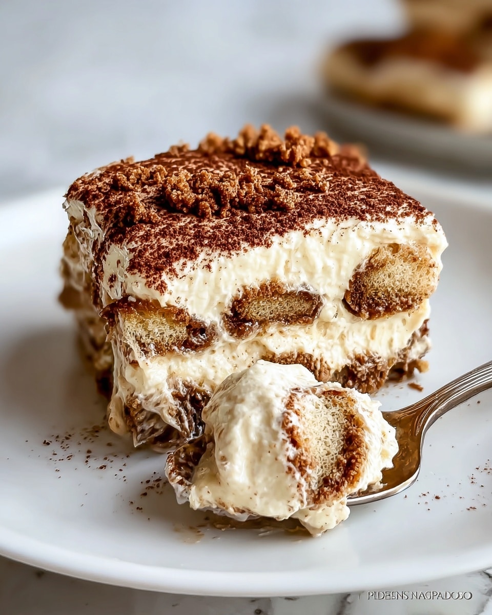 A piece of layered tiramisu is shown on a white plate with a white marbled background. The dessert has four visible layers, alternating between light cream and a coffee-soaked cake or biscuit layer. The top layer is creamy, dusted generously with brown cocoa powder and small crumbled bits. A spoon in the foreground holds a scoop of the tiramisu, showing its creamy texture mixed with coffee-soaked cake, slightly melting and soft. The overall colors are cream, light brown, and dark brown with a soft, moist texture. Photo taken with an iphone --ar 4:5 --v 7
