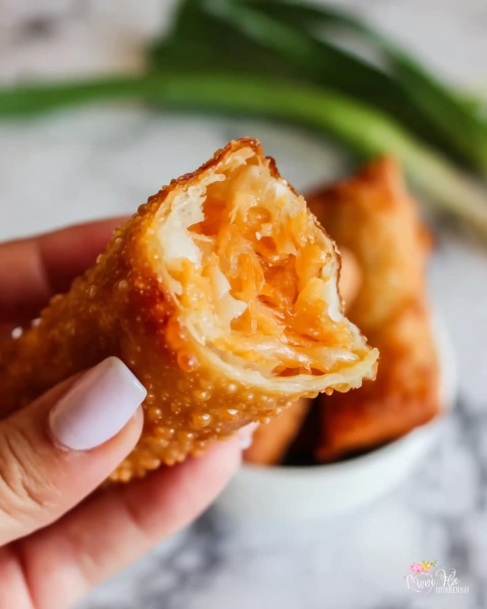 A close-up image shows a crispy, golden-brown egg roll held by a woman's hand with neatly manicured nails. The egg roll's outer layer is fried and crunchy, with visible bubbled textures and an uneven surface. The inside reveals a soft, light orange and white filling, showing finely shredded ingredients that look moist. The background has a white marbled texture surface, slightly blurred with hints of green leaves and white bowl edges that keep the focus on the egg roll. photo taken with an iphone --ar 4:5 --v 7