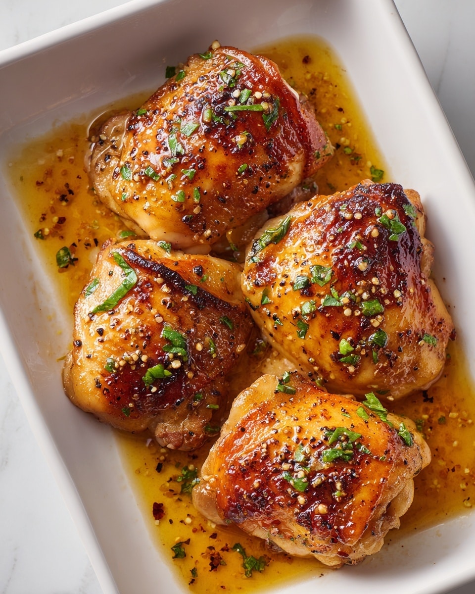 Four pieces of golden-brown chicken thighs with crispy, slightly charred skin are glazed with a shiny, sticky sauce in a white rectangular dish. Each piece is sprinkled with coarse black pepper and small green herb bits, likely parsley, adding a fresh touch on top. The chicken sits in a shallow pool of rich, amber-colored sauce that glistens with oil and seasoning specks. The white marbled surface under the dish softly reflects light, giving the whole image a clean, fresh feel. Photo taken with an iphone --ar 4:5 --v 7