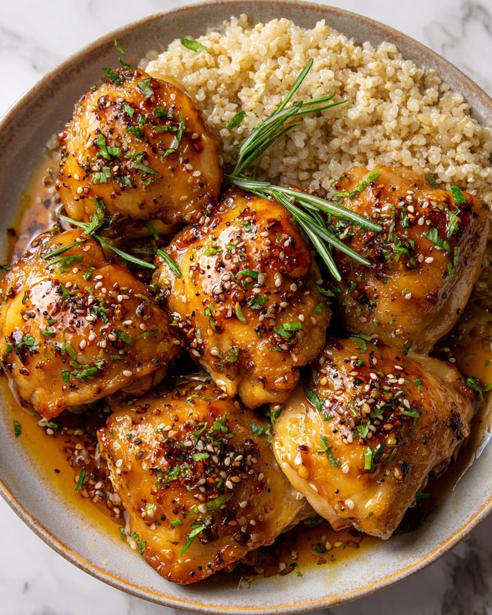 This image shows five pieces of golden-brown glazed chicken thighs arranged closely together in the front and middle of a clear dish. The chicken is covered with a shiny, sticky sauce that has small black pepper flakes and bits of sesame seeds on it. Bright green chopped herbs are sprinkled on top, adding a fresh color contrast. At the back of the dish, there is a light beige rice or grain piled in a row alongside the chicken. The entire dish sits on a white marbled texture surface. photo taken with an iphone --ar 4:5 --v 7