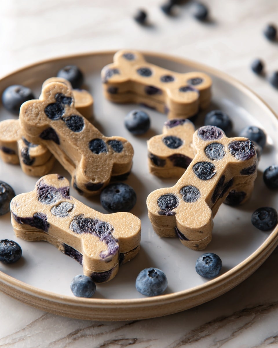 The image shows several bone-shaped treats on a white plate with a smooth, shiny surface. Each treat has two layers: a thick, light brown outer layer filled with dark blue and black berry pieces, giving a speckled look. The bone treats are evenly spaced across the plate, with some fresh dark blue blueberries scattered around as decoration. The plate rests on a white marbled surface that adds softness to the setting. photo taken with an iphone --ar 4:5 --v 7