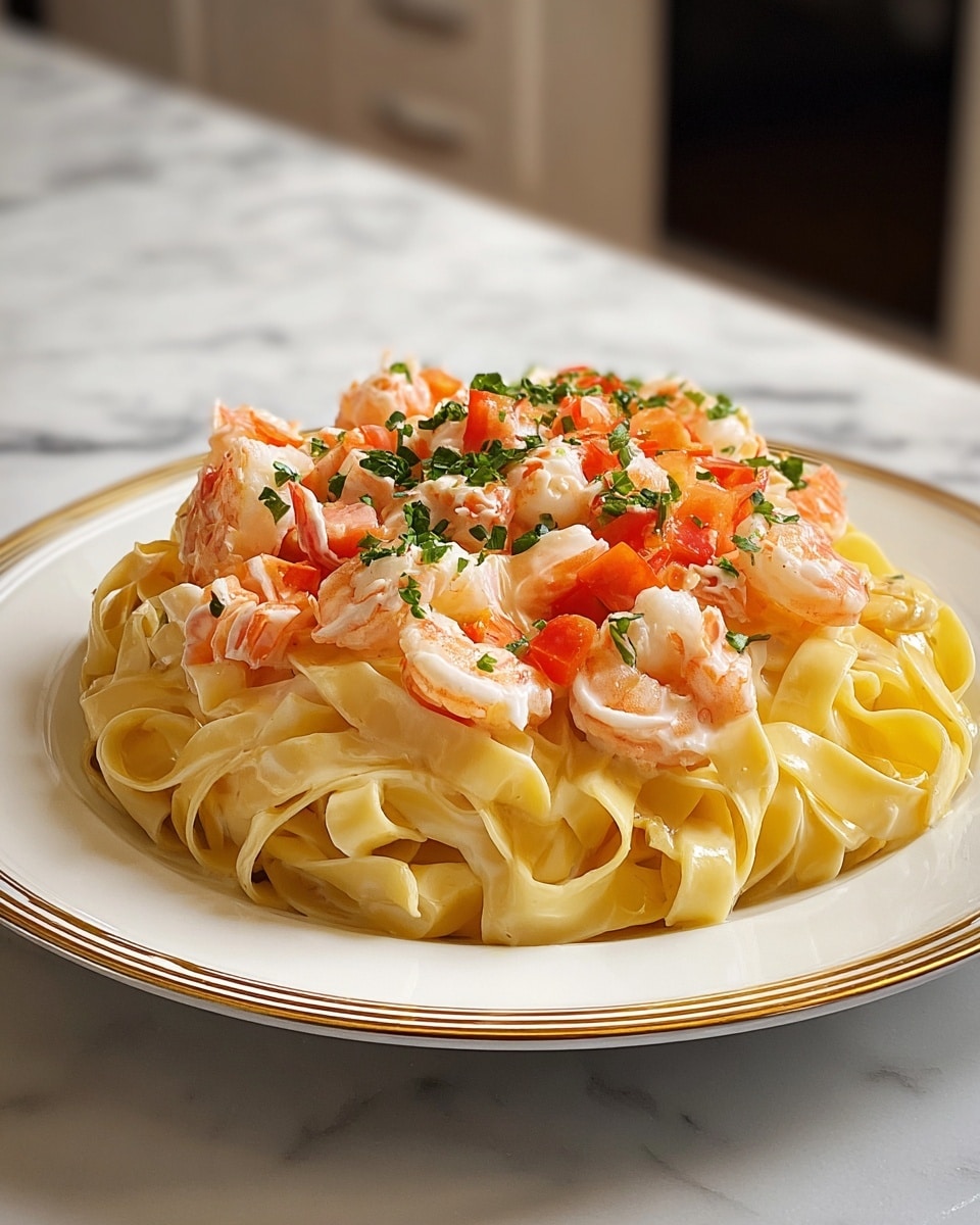The dish shows a deep nest of creamy fettuccine pasta forming the bottom layer, with smooth, thick ribbons of a glossy light yellow sauce. On top, a generous layer of cooked shrimp is scattered, their orange-pink shells contrasting with the pale pasta. Small diced red bell peppers and a light sprinkle of finely chopped green herbs add color and freshness as a finishing touch. All is presented neatly on a white plate with a gold rim, placed on a white marbled surface. photo taken with an iphone --ar 4:5 --v 7