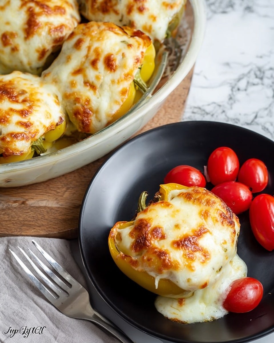A clear round glass dish holds four yellow bell pepper halves, each filled with a mixture and topped with a layer of melted, slightly browned white cheese that covers the filling and edges; around the peppers, small bright red roasted cherry tomatoes with wrinkled skins fill the gaps. The dish is placed on a white marbled surface photo taken with an iphone --ar 4:5 --v 7